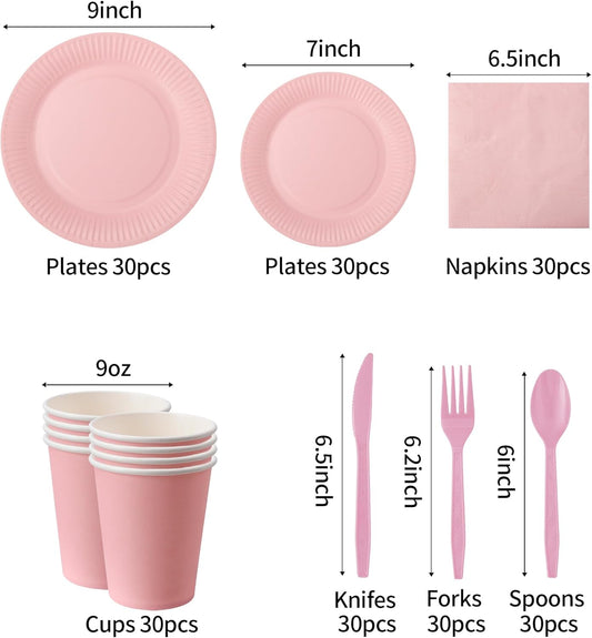 210pcs Pink Paper Plates Disposable Tableware Party Supplies - Includes 9" Dinner Plates, 7" Dessert Plates, 9oz Paper Cups, Napkins, Plastic Forks, Knives And Spoons For All Holiday Parties Serves 30