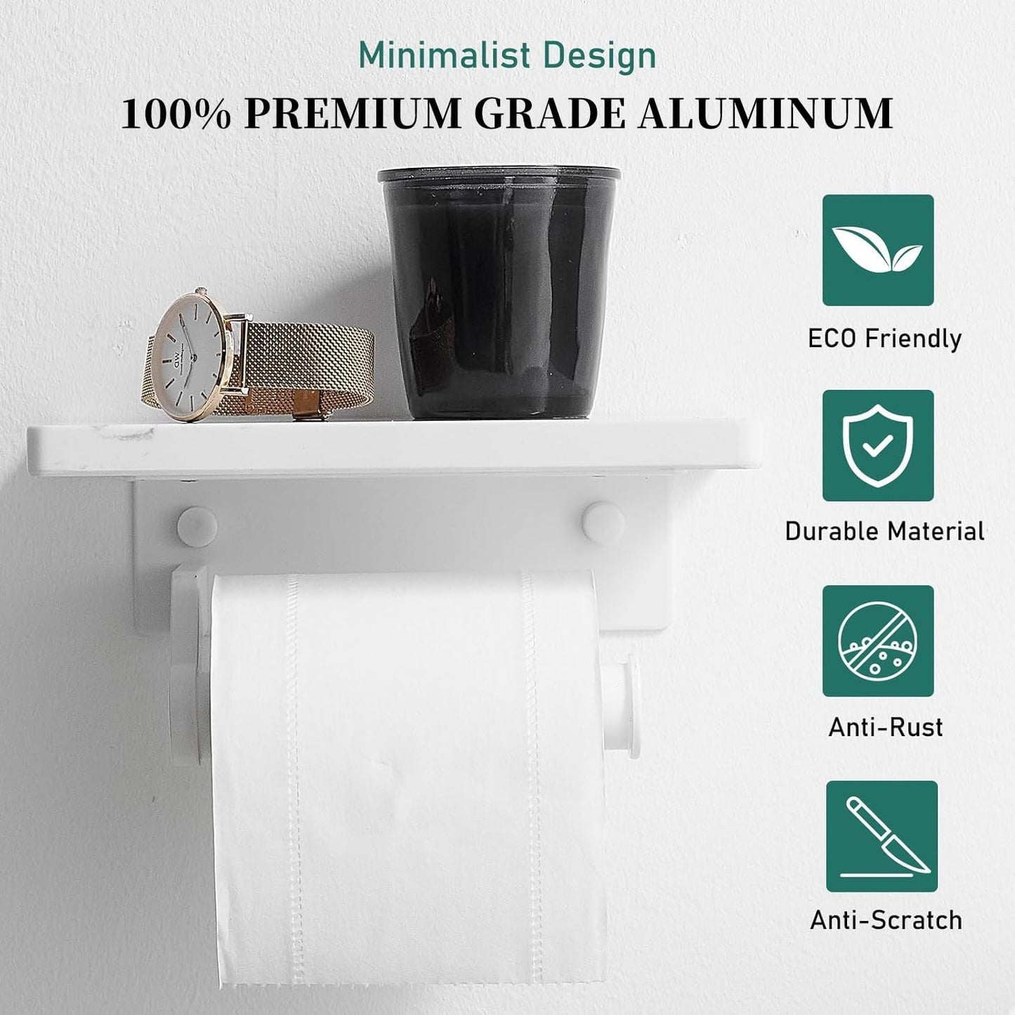 Hoimpro White Aluminum Toilet Paper Holder with White Natural Marble Shelf, Wall Mounted Tissue Hand Paper Roll Storage Holder for Bathroom Kitchen Washroom Bedroom