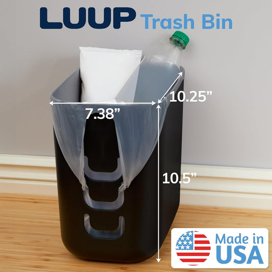 STORi Luup Bathroom Wastebasket, Secure Grocery Bags, Plastic Garbage Container for Vanity, Laundry Room, Kitchen, Office, 2.5 Gallon, Black, Made in USA