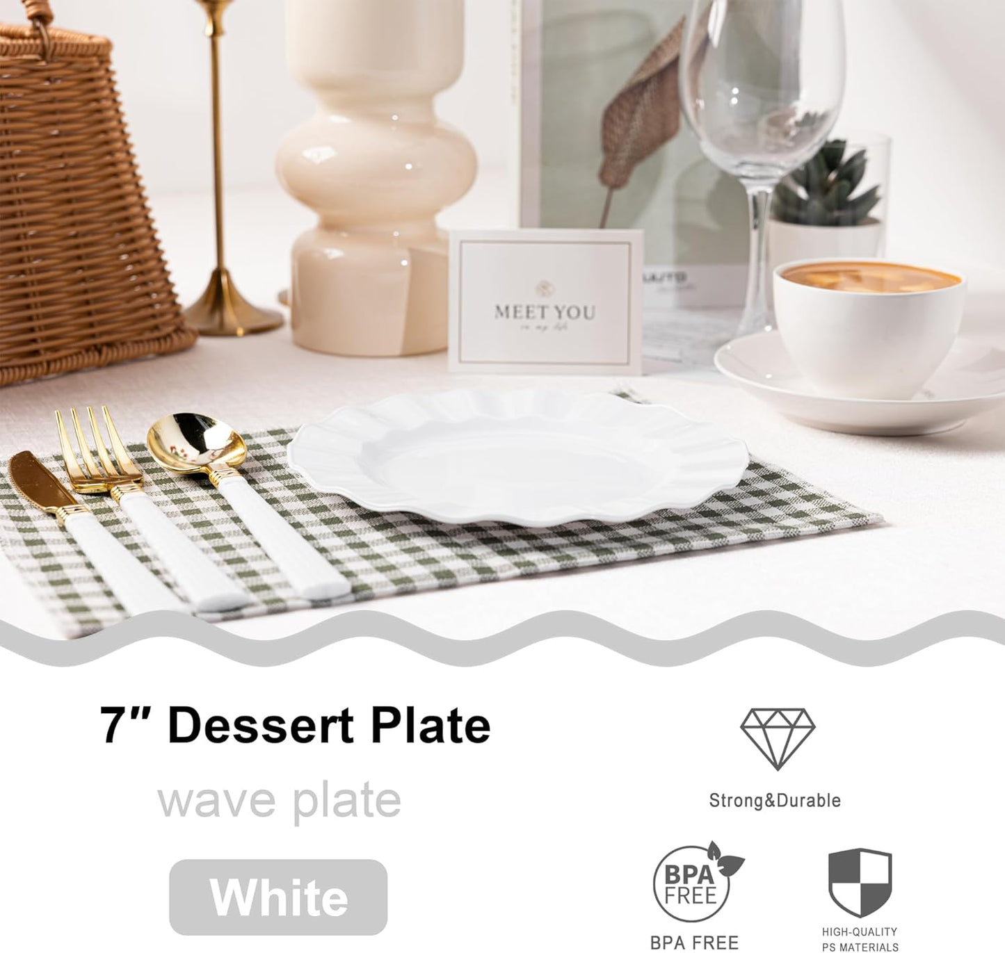 72 Pack White Plastic Plates, 7" Disposable Wave Salad/Dessert Plates Elegant Heavy Duty Plate for Party, Wedding, Thanksgiving, Christmas