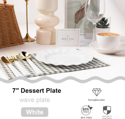 72 Pack White Plastic Plates, 7" Disposable Wave Salad/Dessert Plates Elegant Heavy Duty Plate for Party, Wedding, Thanksgiving, Christmas