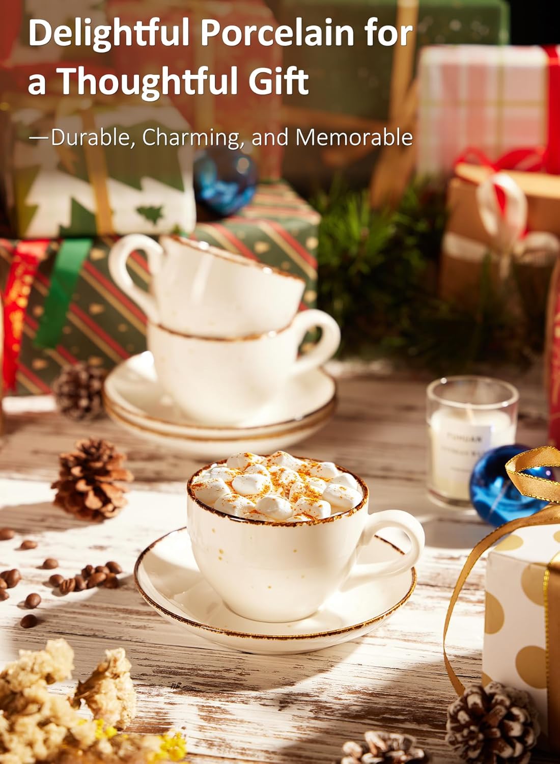 Yedio 8oz Cappuccino Cups and Saucer, Porcelain Coffee Mugs, Latte Cups Set for Cappuccino, Espresso, Americano, Latte, Tea, Mocha, Microwave Dishwasher Safe, Set of 4, White