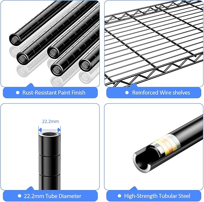 IZEUK 5-Tier Heavy Duty Metal Storage Shelving Unit (Black, 17.7" D x 47.2" W x 72.3" H, 1750 lbs Capacity), Adjustable Steel Wire Rack Shelf Organizer for Garage, Kitchen, Basement, Laundry, Office