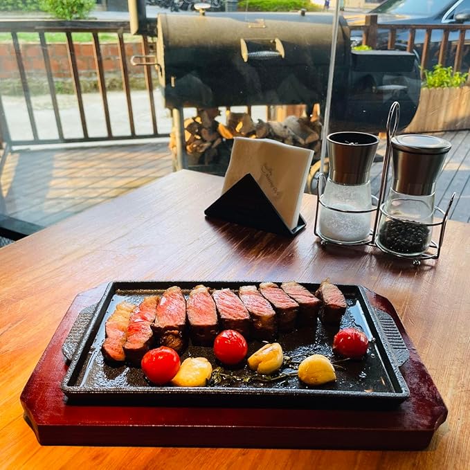 Cast Iron Steak Plate, Grill Pans, Sizzle Griddle with Wooden Base, Steak Pan, Griddle Grill Pan with handles (Plate with Base 6.7" x 4.4")