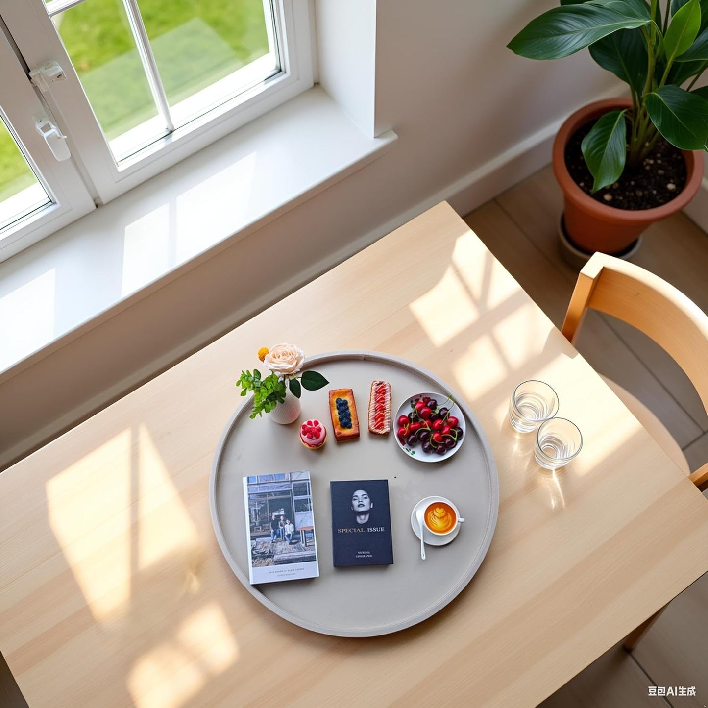 30-inch Round Ottoman Serving Tray - Textured PU Leather Coffee Table Decor, Waterproof Heat-Resistant Large Organizer for Home, Office, Bed & Party Essentials (Tranquil Beige, 30)