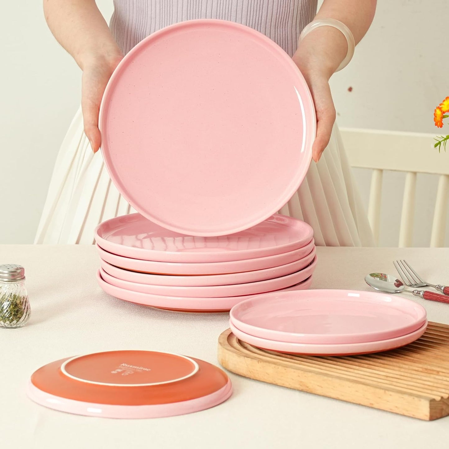 Stoneware Salad Plates Set of 4, 8 Inch Plates for Dessert, Ceramic Plates Sets, Microwave Safe, Dishwasher Safe, Versatile for All Seasons, Pink