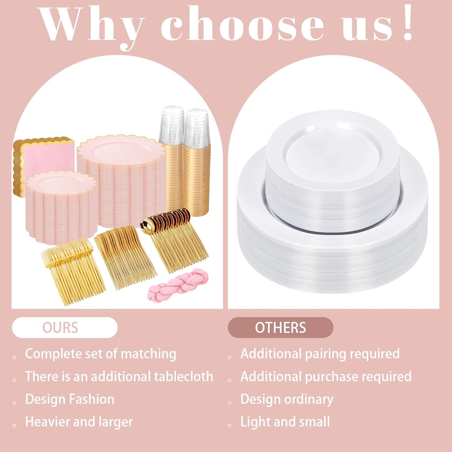 WONDERFUL 351pcs Pink Plastic Plates - Luxury Party Plates and Cups and Napkins Sets Includes 100 Disposable Plate 150 Heavy Duty Silverware 50 Cups 50 Wedding Napkins 1 Table Runner for Wedding Party