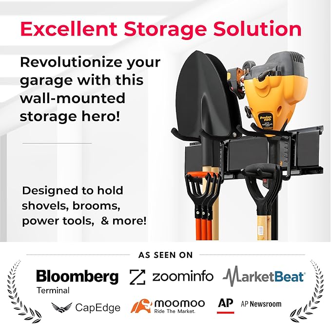 TIDYME Garage Wall Organizer | 64" Heavy-Duty Tool Storage Rack | Adjustable Double-Layer Hooks | 400 lbs Capacity | Carbon Steel Wall Mount Holder for Shovels, Rakes, Ladders & Power Tools