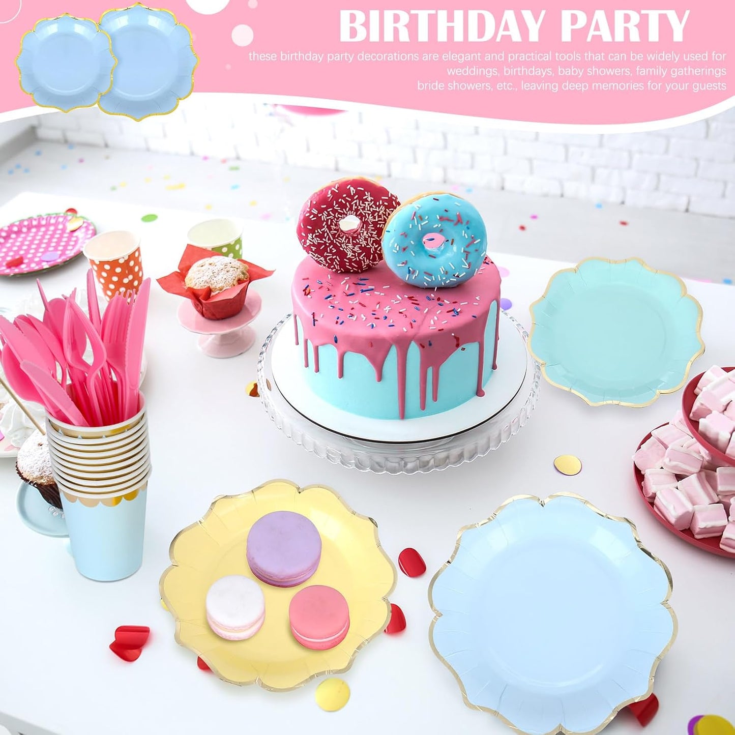 Yaomiao 168 Pcs Pastel Scalloped Paper Plates Cups Napkin with Gold Foil Macaron Colored Disposable Dinnerware Set Serve 24 Guests Princess Birthday Party Baby Shower Decorations(Multicolor,Irregular)