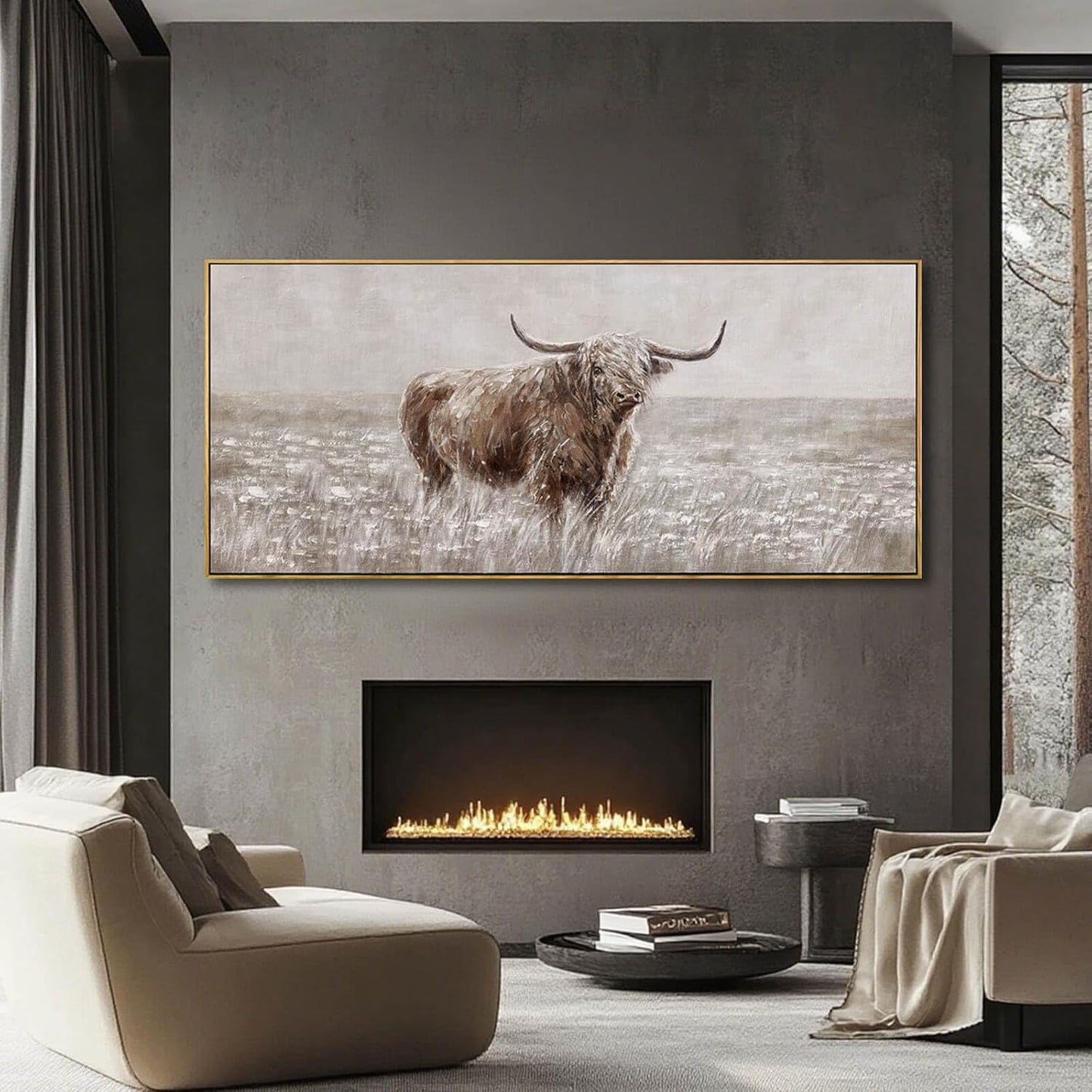 MLART99 Rustic Highland Cow Canvas Vintage Animal Print Brown Ox Wall Art Extra large Artwork- 32x70 Inch Decorative Piece for Country Style Home Decor for Living Room Entryway