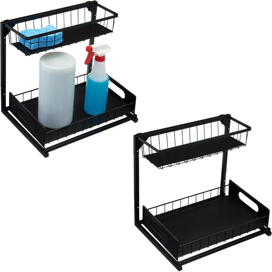Amazon Basics L-Shape Under Sink Storage Pull Out Cabinet Organizer, Black, Pack of 2