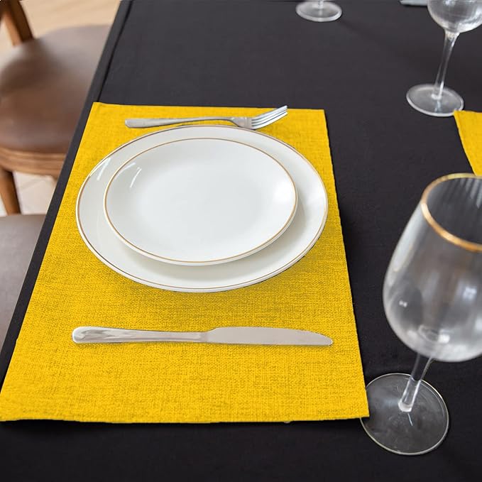 Linen Fabric Placemats Set of 4, Machine Washable, Heat Resistant, Wrinkle Free, Thick Polyester Kitchen Place Mats for Dining Table (Yellow)