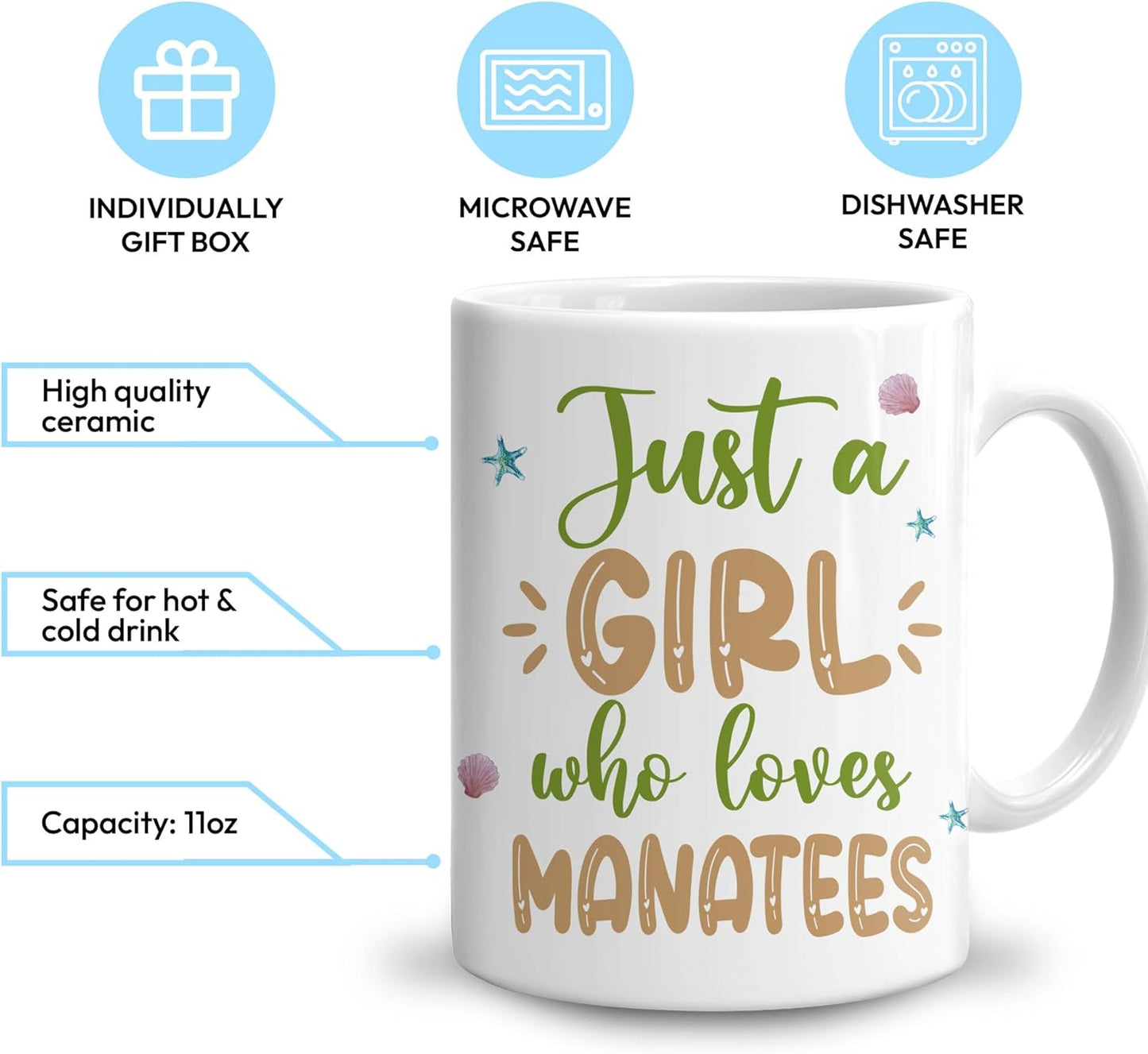 Hyturtle Personalized Gifts Manatee Lover - Just A Girl Who Loves Manatees Custom Name Ceramic Coffee Mug Cup 11oz - Idea Cute Sea Animal Lover Gifts For Women, Girl Daughter On Birthday, Christmas