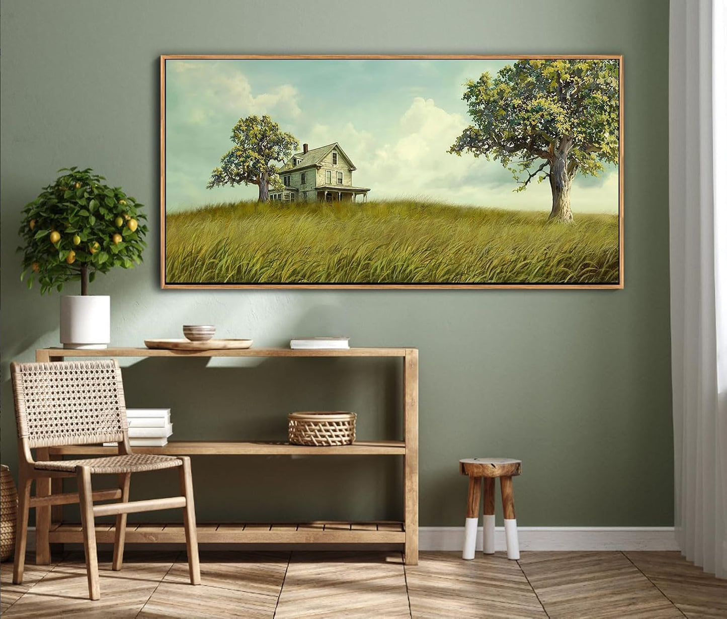 YCPRIMER Large Canvas Wall Art - Village Landscape Decor Retro Farmhouse Picture Yellow Tree Painting Artwork for Dinning Room,Living Room,Kitchen Framed Decoration Size 29×58Inch