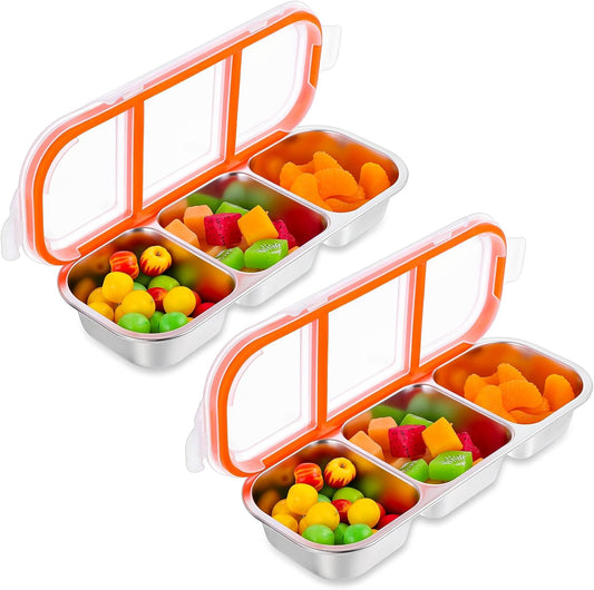 Yolev 2 Pack Stainless Steel Snack Containers - Reusable 3 Compartment Condiment Box with Lids Dishwasher- Reusable Condiment Box for Snacks Dips and Outdoor Camping