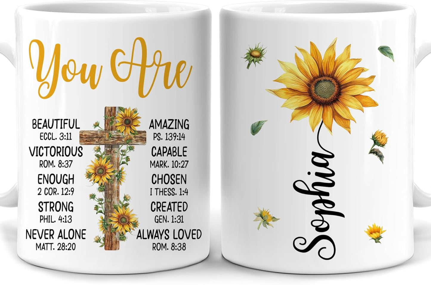 Hyturtle Personalized Inspirational Sunflower Christian Mug - Christian Gifts For Women - Religious Gifts For Her On Birthday - Bible Verse Present - Custom Name Coffee Cup Ceramic Mug 11 Oz 15 Oz