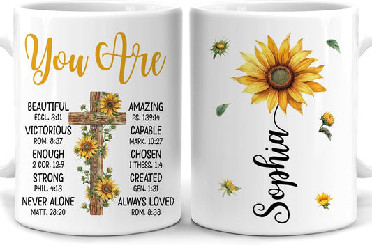 Hyturtle Personalized Inspirational Sunflower Christian Mug - Christian Gifts For Women - Religious Gifts For Her On Birthday - Bible Verse Present - Custom Name Coffee Cup Ceramic Mug 11 Oz 15 Oz