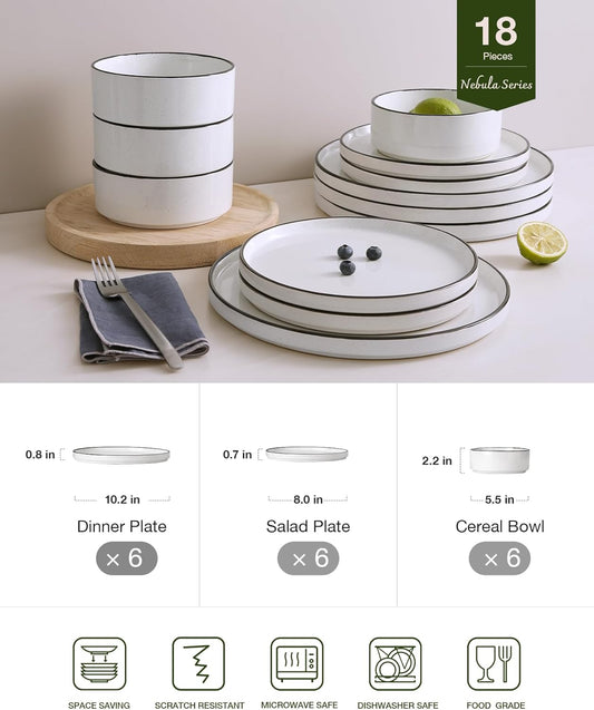 Famiware Nebula Plates and Bowls Sets, 18 Pieces Dinnerware Sets, Dishes Set for 6, White with Black Rim