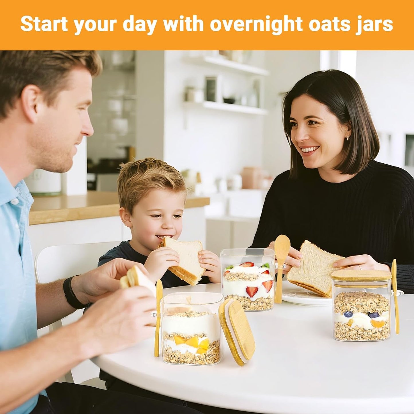 Glass Jars with Bamboo Lids - 4 Pack 24 Fl.oz Square Glass Mason Jars with Airtight Lid and Spoon, Clear Kitchen Pantry Container Stackable Food Canister for Coffee, Sugar, Tea, Candy, Cookie