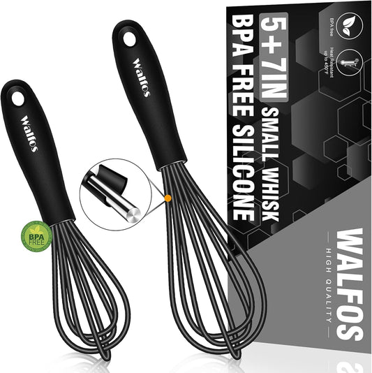 Walfos Whisk 5+7in/12cm+17cm Mini Whisk,Silicone Whisks Non Scratch Heat Resistant (480°F). Nice for stirring individual eggs and mixing small amounts of powder and sauce.Dishwasher Safe.Black