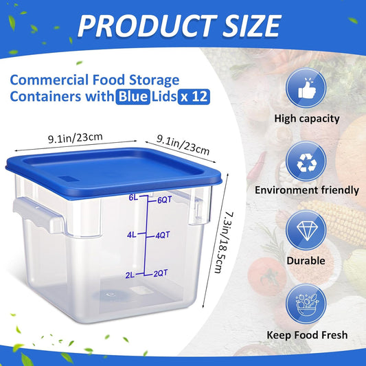 Yungyan 12 Pcs 6 Qt Commercial Food Storage Containers with blue Lids Restaurant Square Airtight Food Storage Containers Clear Cereal Container for Kitchen Freezer Dishwasher Pantry