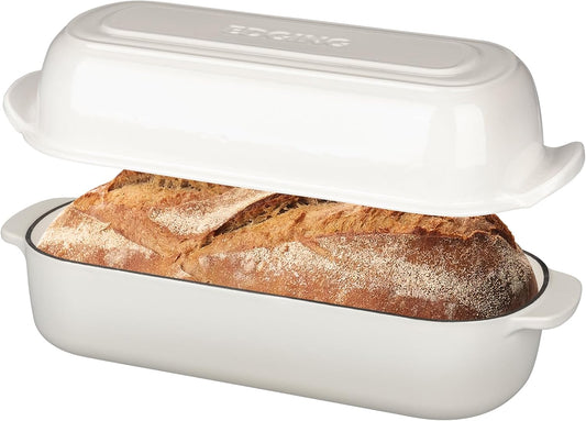 Enameled Cast Iron Loaf Pan with Lid, Dutch Oven Bread pan for Homemade Sourdough Bread Baking, 12.5x5.5 inch, 5qt, White