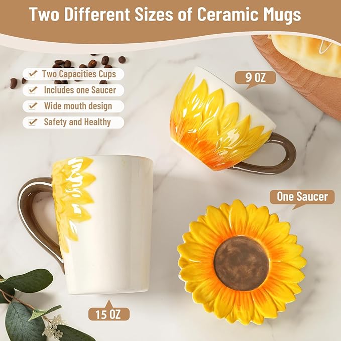 Ceramic Coffee Mug Set of 2-Sunflower Coffee Cups Sets Include 15 oz Large Coffee Mug,9 oz Wide Cappuccino Cup with a Saucer,3D Novelty Coffee Cups for Tea,Latte,Hot Cocoa,Milk,Unique Gifts for Women