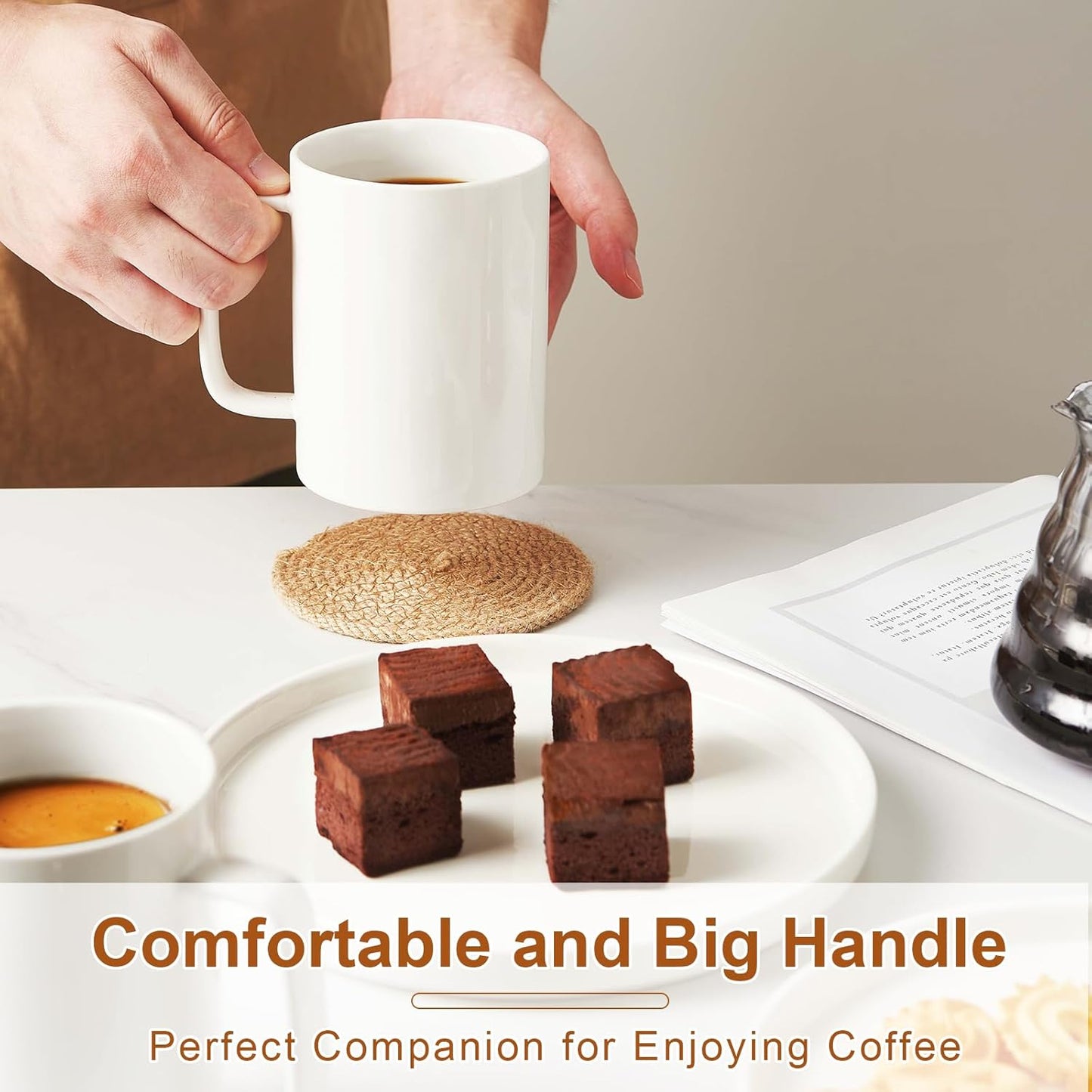 Jassceram Coffee Mugs Set of 6, 18 Ounce Porcelain Mugs for Latte, Hot Tea, Cappuccino, Ceramic Coffee Cups with Large Handle - Dishwasher & Microwave Safe, White- Christmas Gift & Thanksgiving Gift