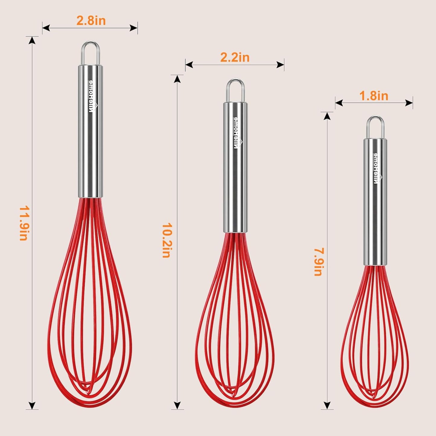 NileHome Whisk Commercial Stainless Steel wisk & Silicone Non-Stick Coated Small Whisk Set 8" 10" 12" Kitchen Wisk Wire Whisks for Cooking 3 Pack, Red