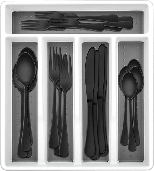 Herogo 40-Piece Matte Black Silverware Set with Drawer Organizer, Stainless Steel Flatware Cutlery Set for 8, Modern Tableware Eating Utensils with Tray, Dishwasher Safe, Satin Finish