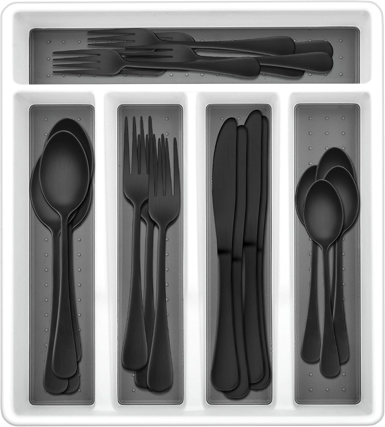 Herogo 30-Piece Matte Black Silverware Set with Drawer Organizer, Stainless Steel Flatware Cutlery Set for 6, Modern Tableware Eating Utensils with Tray, Dishwasher Safe, Satin Finish