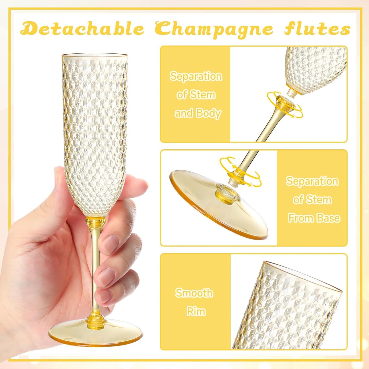 XUWAIDSGN 48 Pack Amber Detachable 2 piece Champagne Flutes 5.5 Oz Unbreakable Plastic Mimosa Disposable Champagne Glasses Drinking Cups Stemmed Reusable Wine Toasting Glasses for Wedding