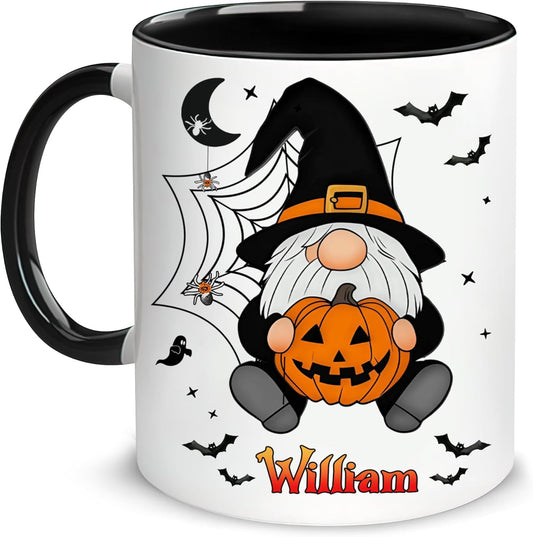 Hyturtle Custom Halloween Gnome Mug with Name – Pumpkin Witch Gnome Coffee Cup – Personalized Spooky Season Gift for Women – Halloween Decor – 11oz Ceramic Mug