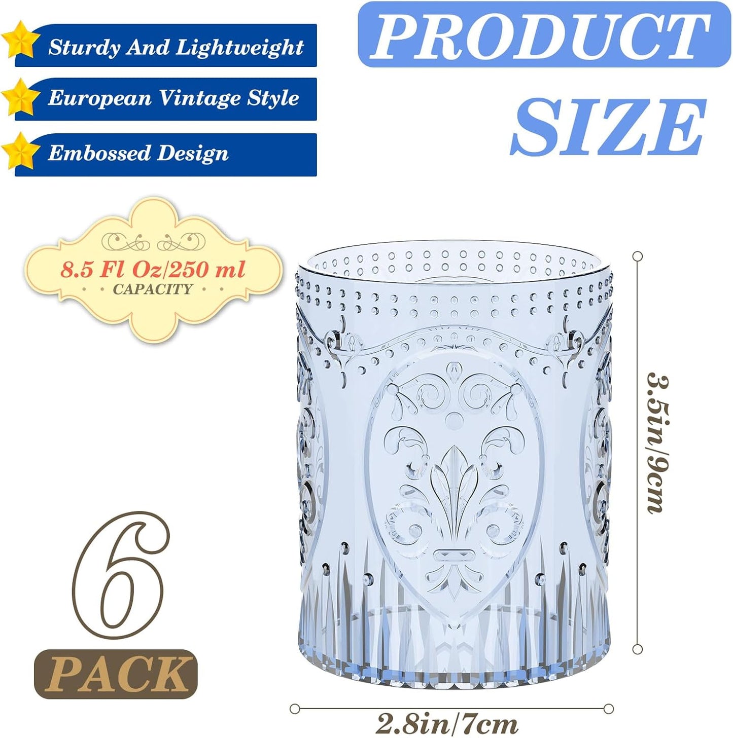 6 Plastic Vintage Drinking Glasses 8.5oz Stemless Retro Embossed Wine Glasses Shatterproof Reusable Cups for Baby Shower Wedding Reception Grand Event Party (Blue)