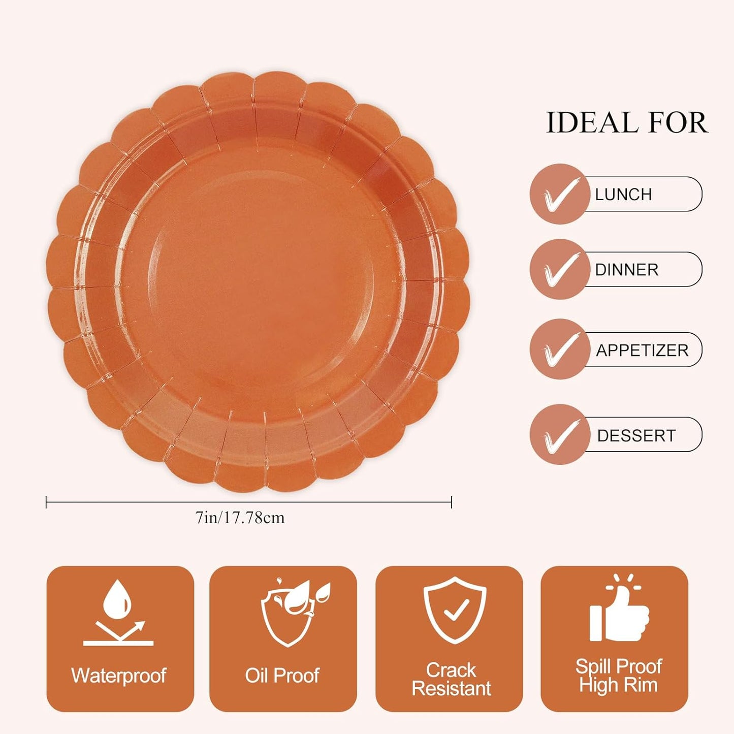 50Pcs Orange Paper Plates-7 Inch Scalloped Fall Birthday Dessert Plates Dinnerware Disposable Dinner Party Supplies for Fall Wedding Baby Shower Table Decor Pininc Party Decor
