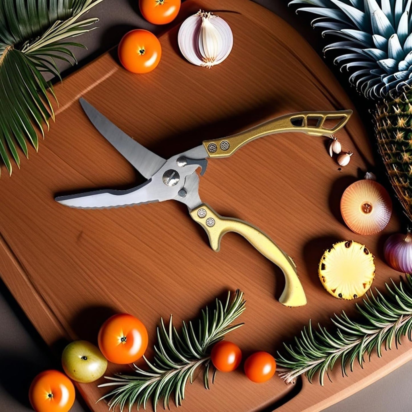 ANDONG Heavy Duty Kitchen Poultry Shears with Serrated Edge, Spring Loaded Kitchen Scissors, Professional Chicken Shears, Gold