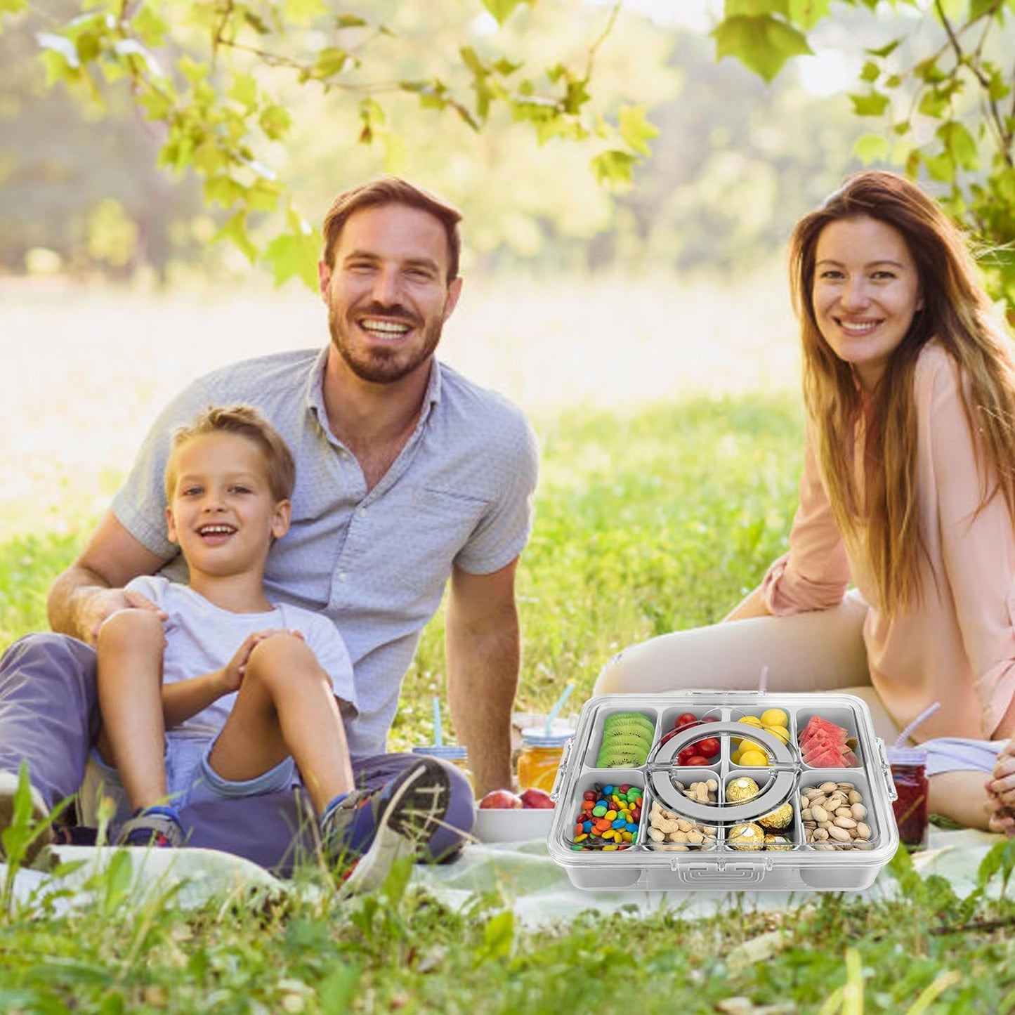 Divided Serving Tray with Lid and Handle,8 Compartments Snacks Box,Snack Fruit and Veggie Tray,Portable Platter for Candy Fruits Nuts Snack Party Entertaining Picnic (1 PCS Grey)
