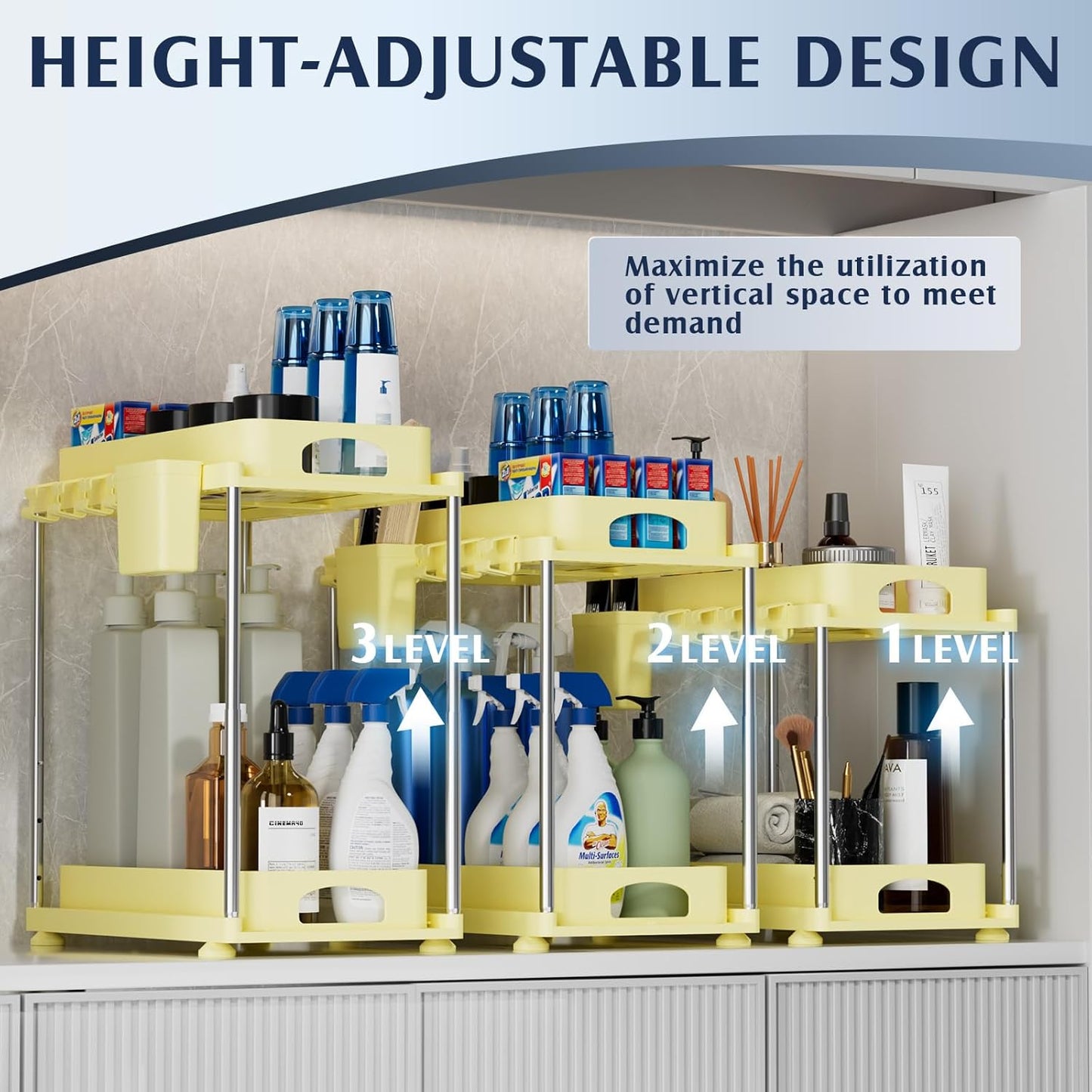 2 Pack Under Sink Organizers and Storage, Height Adjustable Bathroom Cabinet Organizer, 2 Tier Under Sink Organizer with Hooks, Under Cabinet Organizer for Kitchen Bathroom (Yellow