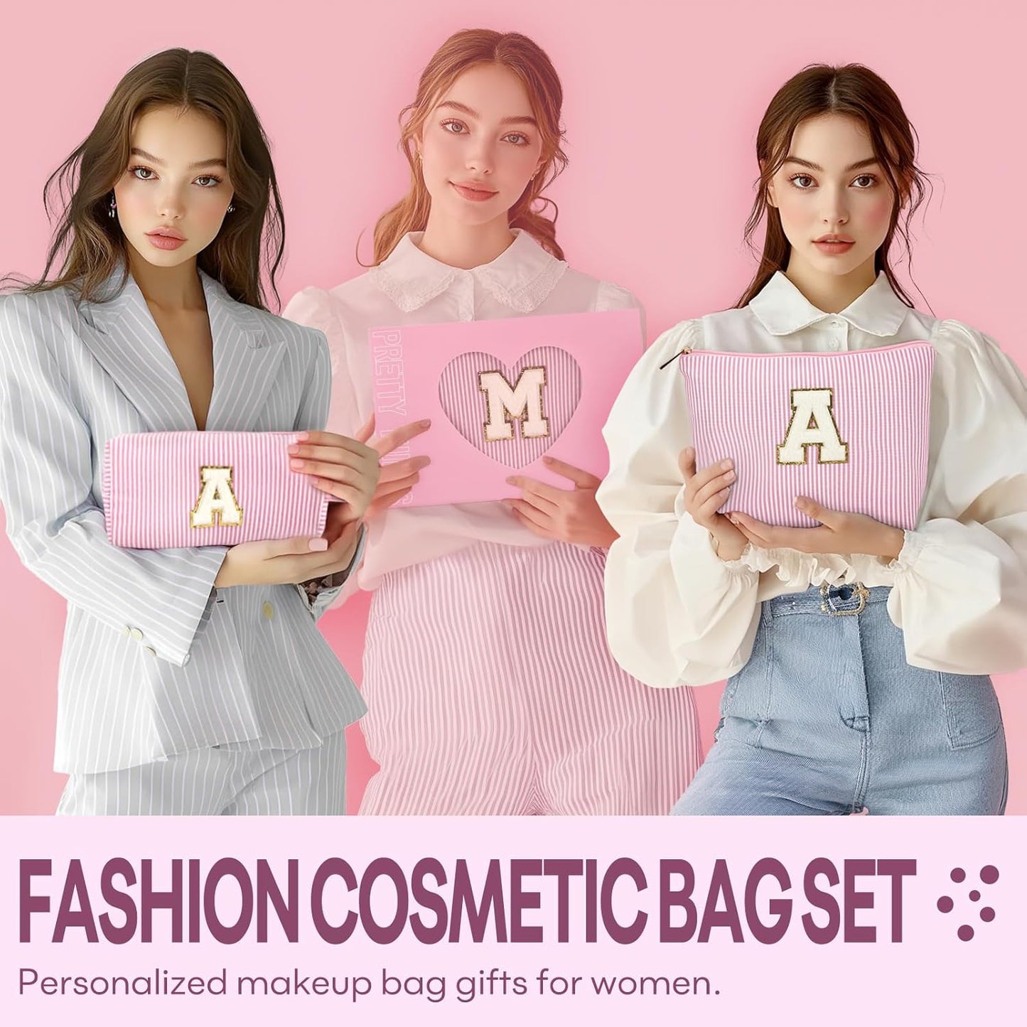 2 PCS Initial Makeup Bags for Women: Cosmetic Bag for Travel Toiletry - Birthday Gifts for 11 12 13 14 15 16 17 18 Years Old Girl Graduation Teacher Gift- Teen Girl Gifts Trendy Stuff - Light Pink A