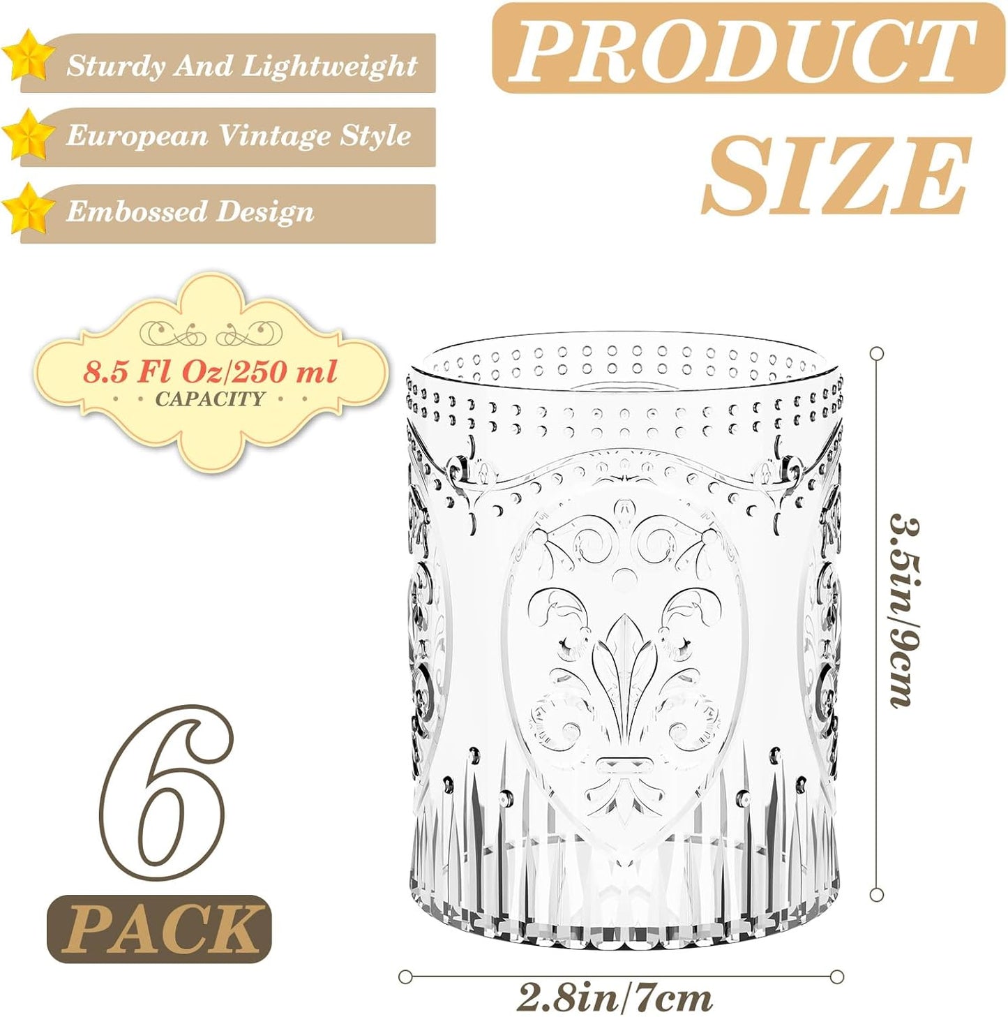 6 Plastic Vintage Drinking Glasses 8.5oz Stemless Retro Embossed Wine Glasses Shatterproof Reusable Cups for Baby Shower Wedding Reception Grand Event Party (Clear)