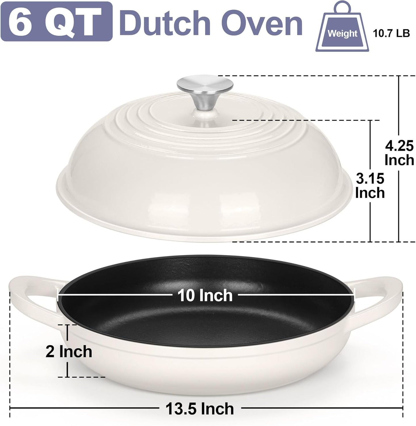 TeamFar Cast Iron Bread Dutch Oven, 6 Qt Enameled Dutch Oven Pot for Sourdough Bread Baking, with Tall Dome Lid & Round Base Pan, Self-Basting & Even-Heating, Heavy-Duty & Non-stick, White