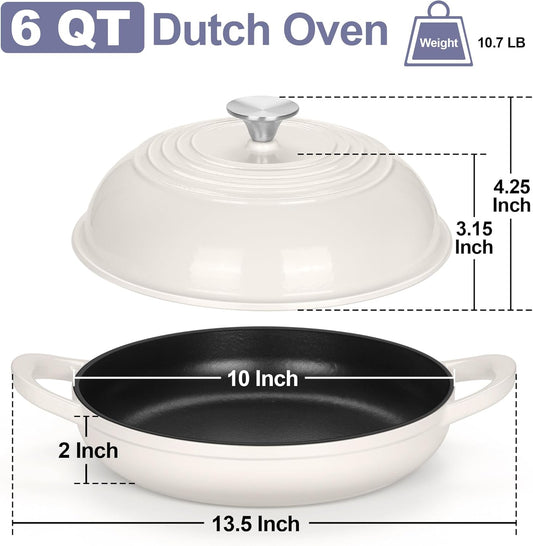 TeamFar Cast Iron Bread Dutch Oven, 6 Qt Enameled Dutch Oven Pot for Sourdough Bread Baking, with Tall Dome Lid & Round Base Pan, Self-Basting & Even-Heating, Heavy-Duty & Non-stick, White