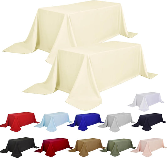 2-Pack 90x156 inch Beige Table Cloths, Solid Stain and Wrinkle Resistant Oblong Tablecloth, Premium Plain Weave Polyester Fabric Rectangle Table Linen Covers for Hotel, Banquet