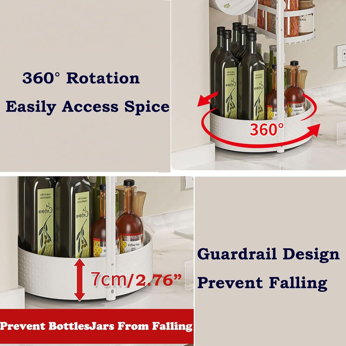 Lazy Susan Organizer, 360° Rotating Metal Spice Rack with Paper Towel Holder, Turntable Spice Holder for Condiments, Bottles, Jars, Suit for Kitchen Countertop & Cabinet, White