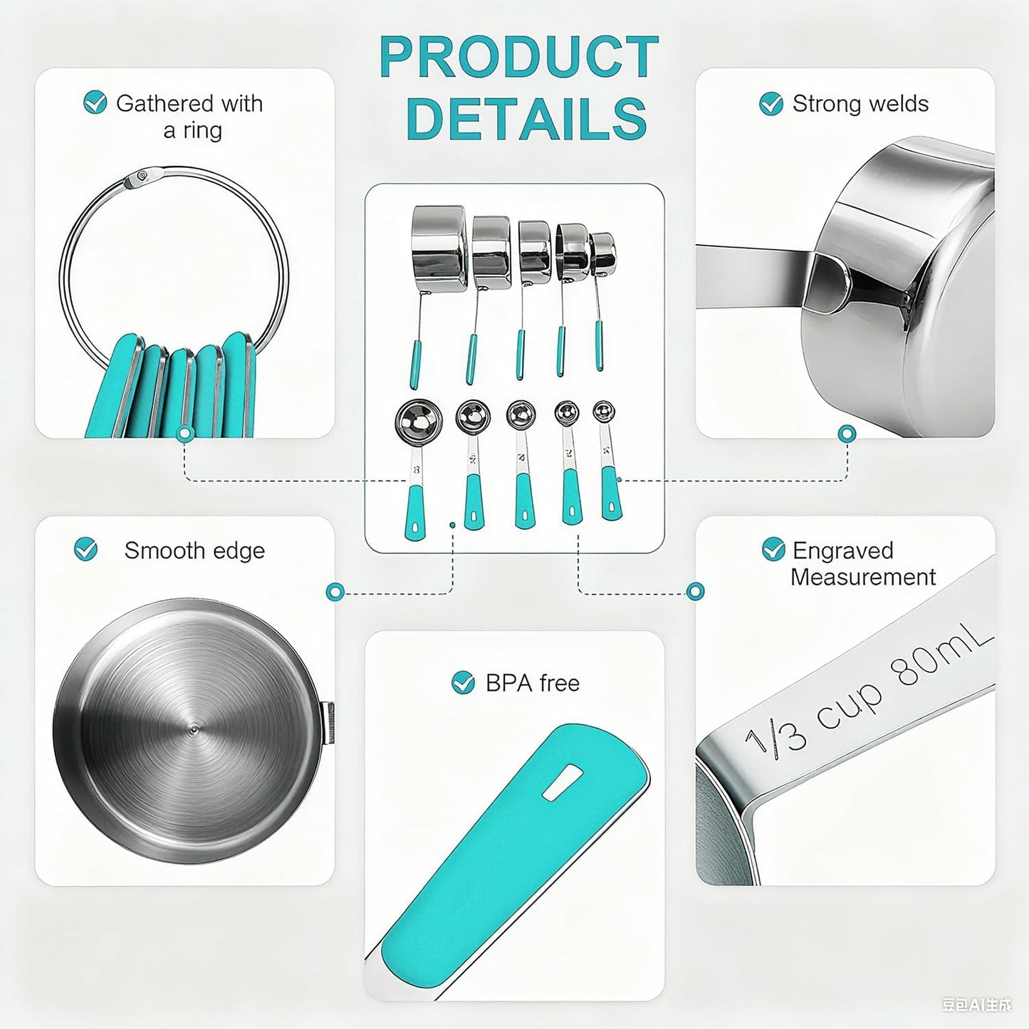 Measuring Cups and Spoons Set, Stainless Steel 10 Piece for Cooking and Baking (5 Cups + 5 Spoons, Aqua Sky Handle)