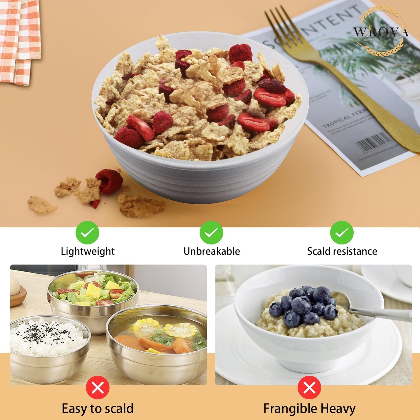 Wrova Wheat Straw Bowls Set of 8, Unbreakable White Cereal Bowl 26OZ, Microwave and Dishwasher Safe Oatmeal Bowls, Kitchen Bowl Suitable for Cereal,Salad,Snack (White)