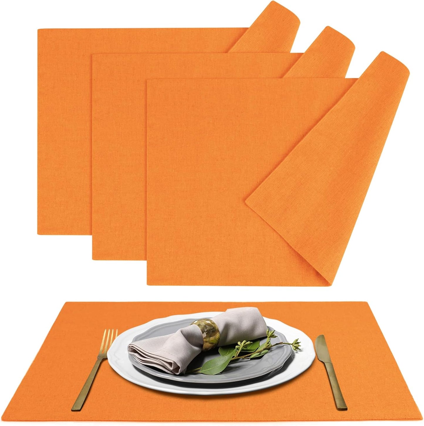 MANSPHIL Fall Orange Placemats Set of 4 Washable Fabric Table Mats Thick Faux Linen Place Mats Heat Resistant Double Layer Wrinkle Free Dining Kitchen Table Decor - 13x19 Inch Oeko Tex Placemat