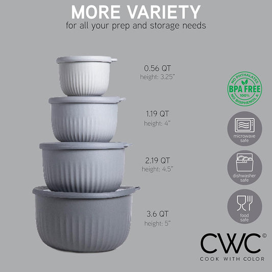 COOK WITH COLOR Prep Bowls with Lids- Wide and Deep Nesting Plastic Small Mixing Bowl Set with Lids, 8 Piece Set - Deep Bowls, Gray