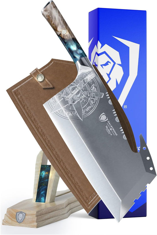 Dalstrong Meat Cleaver Knife - 9 Inch Obliterator - Valhalla Series - 9CR18MOV Steel - Celestial Resin & Wood Handle - Heavy Duty Bone Chopper - Chef Knife with Sheath - Butcher Knife for Meat Cutting