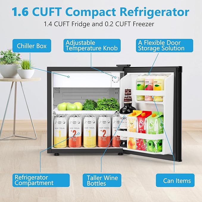 1.6 Cu.ft Mini Fridge with Freezer, Compact Single Reversible Door Refrigerator, Adjustable Thermostat, Ultra Quiet, Energy Efficient for Office, Dorm, Bedroom, Apartment -Black